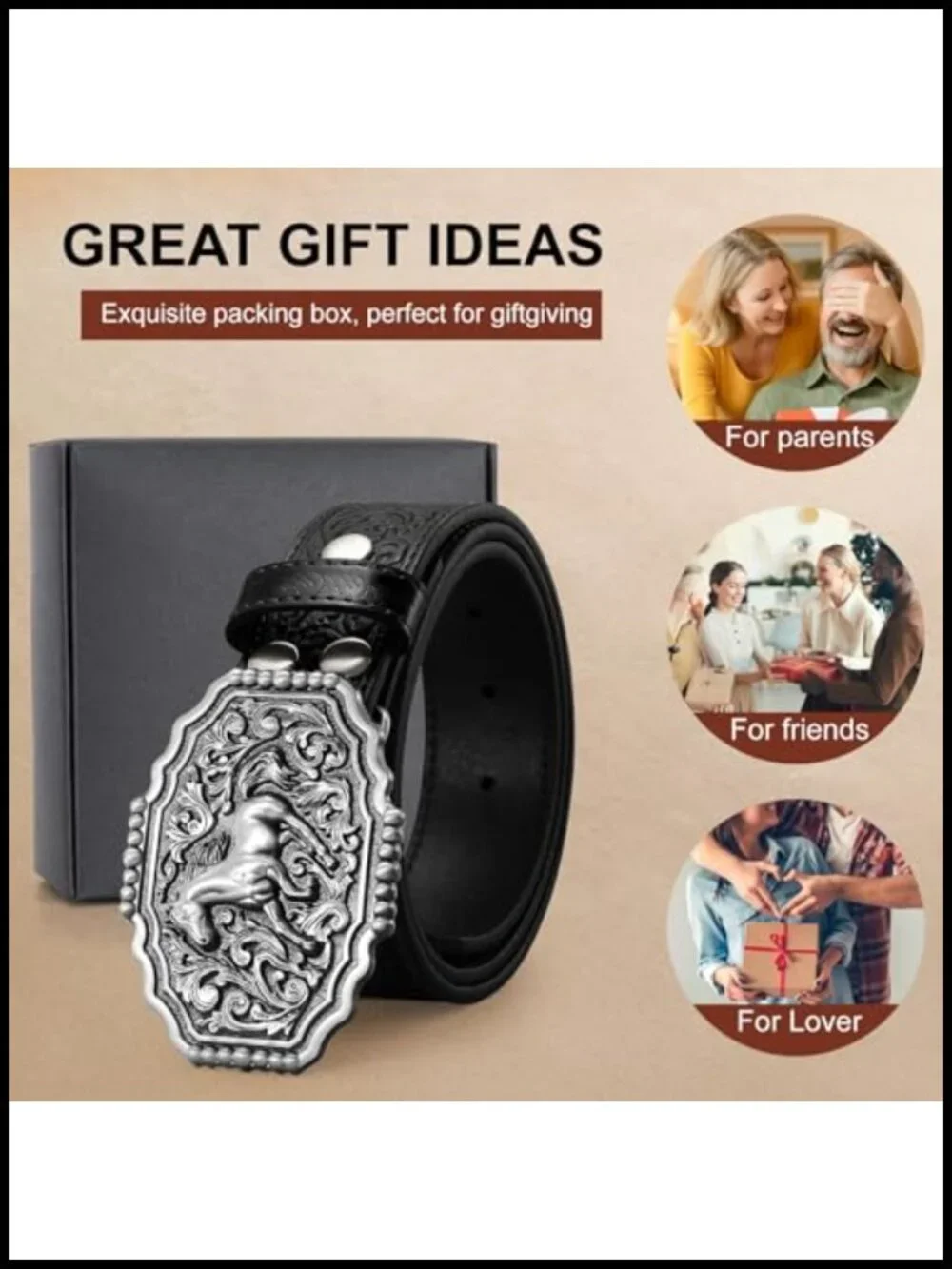 Cowboy Western Belt Embossed Leather Removable Buckle